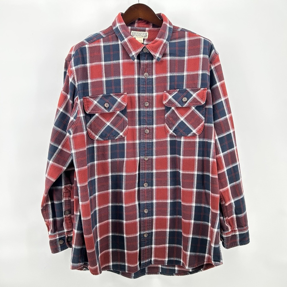 Duluth Trading Flannel Shirt Mens XLT Maroon Navy Plaid Shacket Jumberjack Cabin